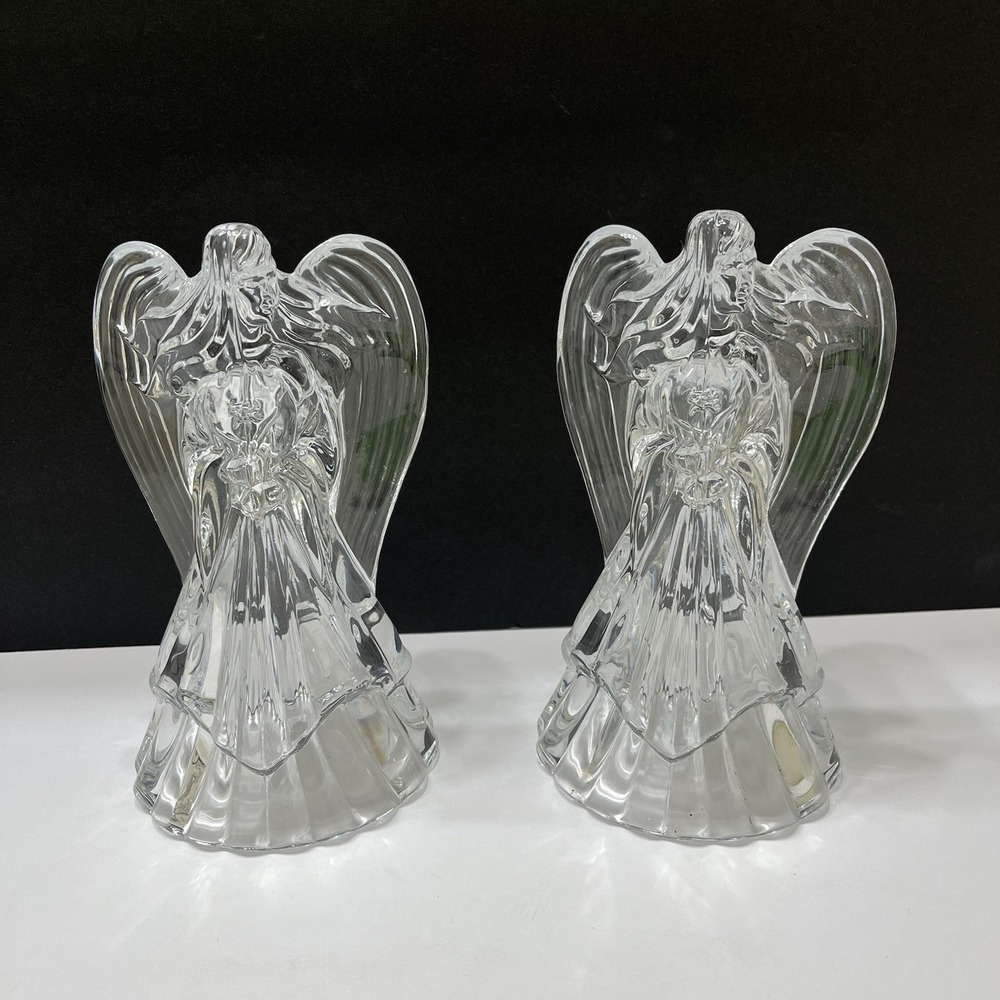 Vintage Christmas Praying Angel Crystal Candle Holders Clear Heavy 7 X4"Set Of 2